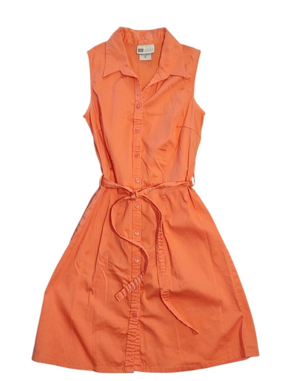 Faded Glory Sleeveless Coral Orange Button Front Tie Waist Shirt Midi Dress 6